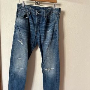 G-Star 3301 Slim Jeans W32 L32 Worn In Ripped Blue Faded